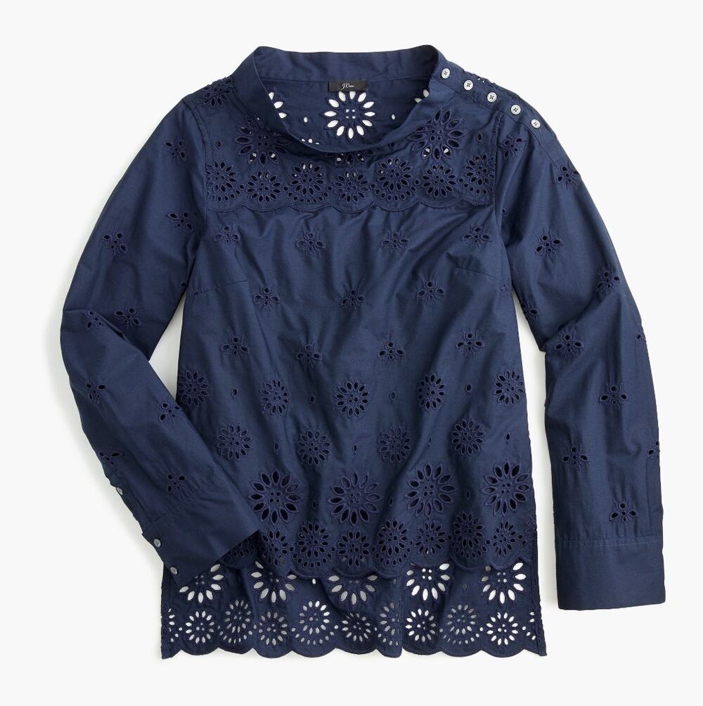 J Crew Navy Blue Eyelet FunnelNeck Mock Collar Cotton Long Sleeve Blouse Sz 12P